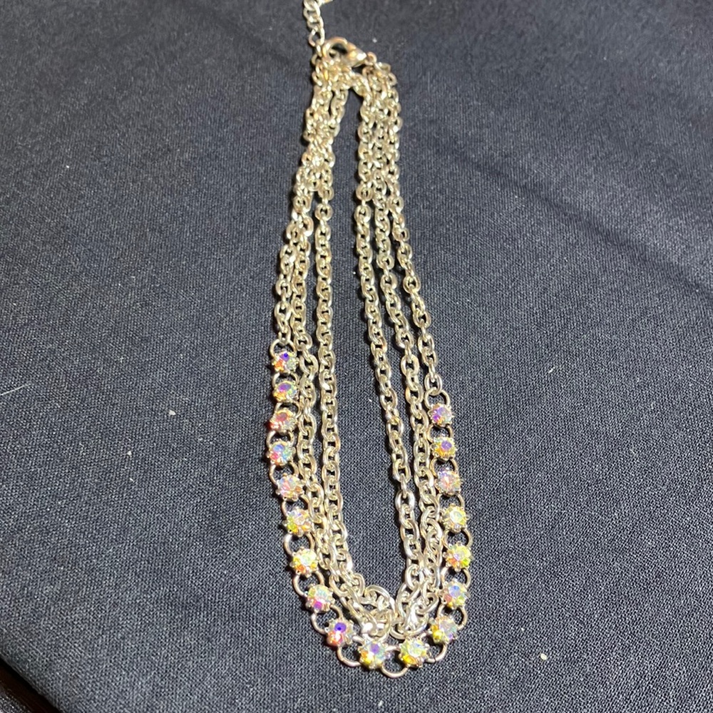 Silver Tone Chain and Multicolor Stone Necklace.